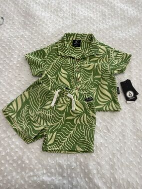 Volcom Vacation Surf Skater Boho  Cabana Beach Green/Cream Leaf Print Set Sz12M